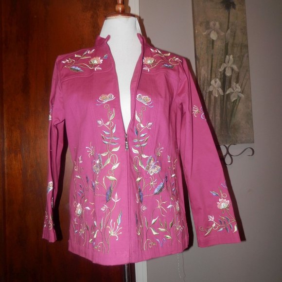 Quacker Factory Pink Fuchsia Jacket Embroidery Jacket Summer Beads Small - Picture 1 of 5